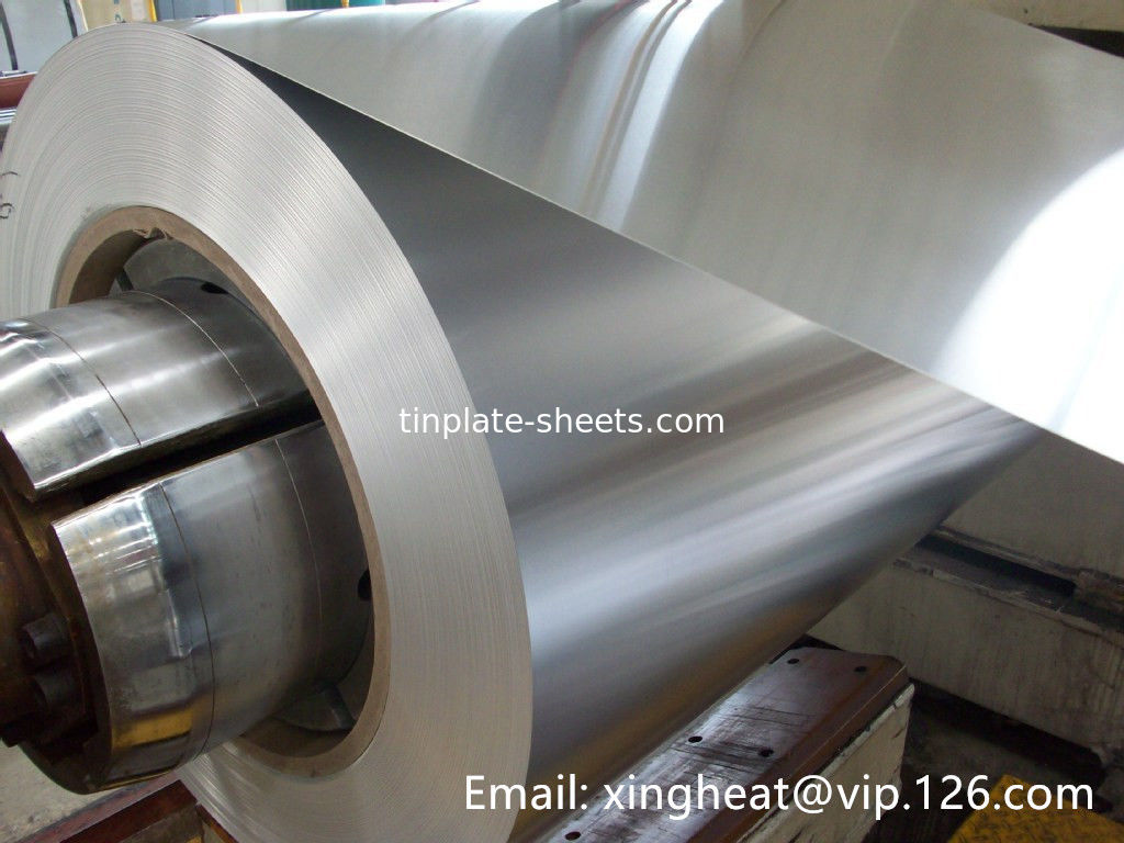 Lebar 512-980mm Prime Electrolytic Tinplate T3 T4 T5 tinplate mill pabrik batu akhir cerah perak